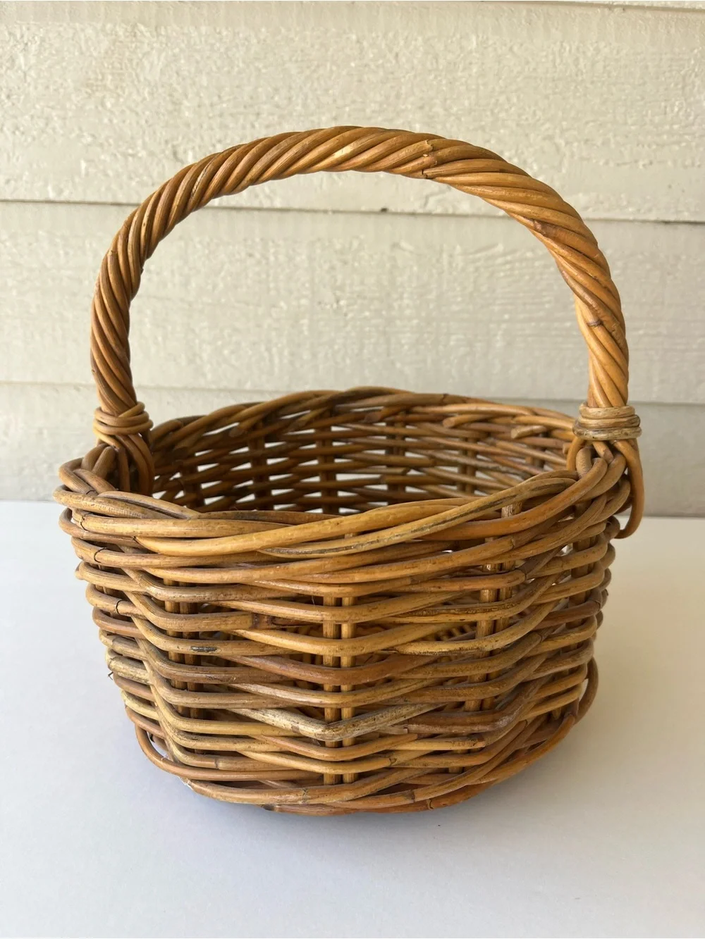 Honey-Color Wicker/Rattan Rustic Twisted Handled Basket Medium Size